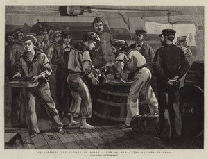 Het jubileum vieren aan boord van een oorlogsschip, extra rantsoenen grog